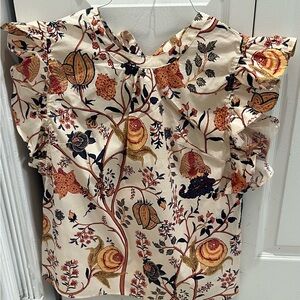 Elie Tahari Cream Flutter Sleeve Blouse with Floral Paisley Design Large
